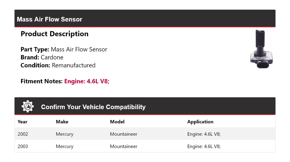 Sensor de flujo de aire masivo Cardone para Mercury Mountaineer 2002-2003 4,6 L V8 Foto 2 de 4