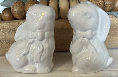 Farmhouse White Ceramic Bunny Rabbit Salt & Pepper Shakers 3  NEW