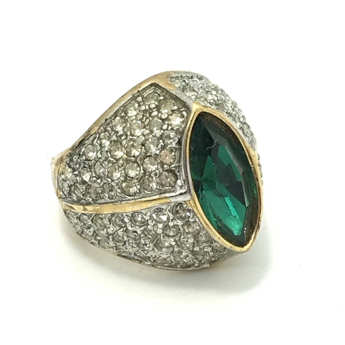 Vintage Signed A 18K HGE Gold Plated Emerald Green Clear Crystal