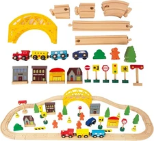 60Pcs Train Set for 3 Year Old Boys, Double-Side Wooden Yellow 