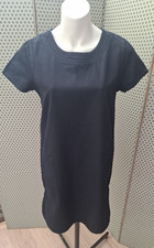 Mango Black Denim/Canvas Shift Dress Size M (12-14) Pockets Curved Hem Utility