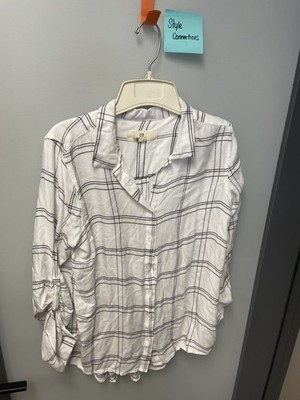 Thread & Supply Black White Plaid Roll Sleeve Button Up Blouse Size M
