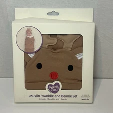 Parents Choice Muslin Swaddle and Beanie Brown Cotton Reindeer Set For Babies