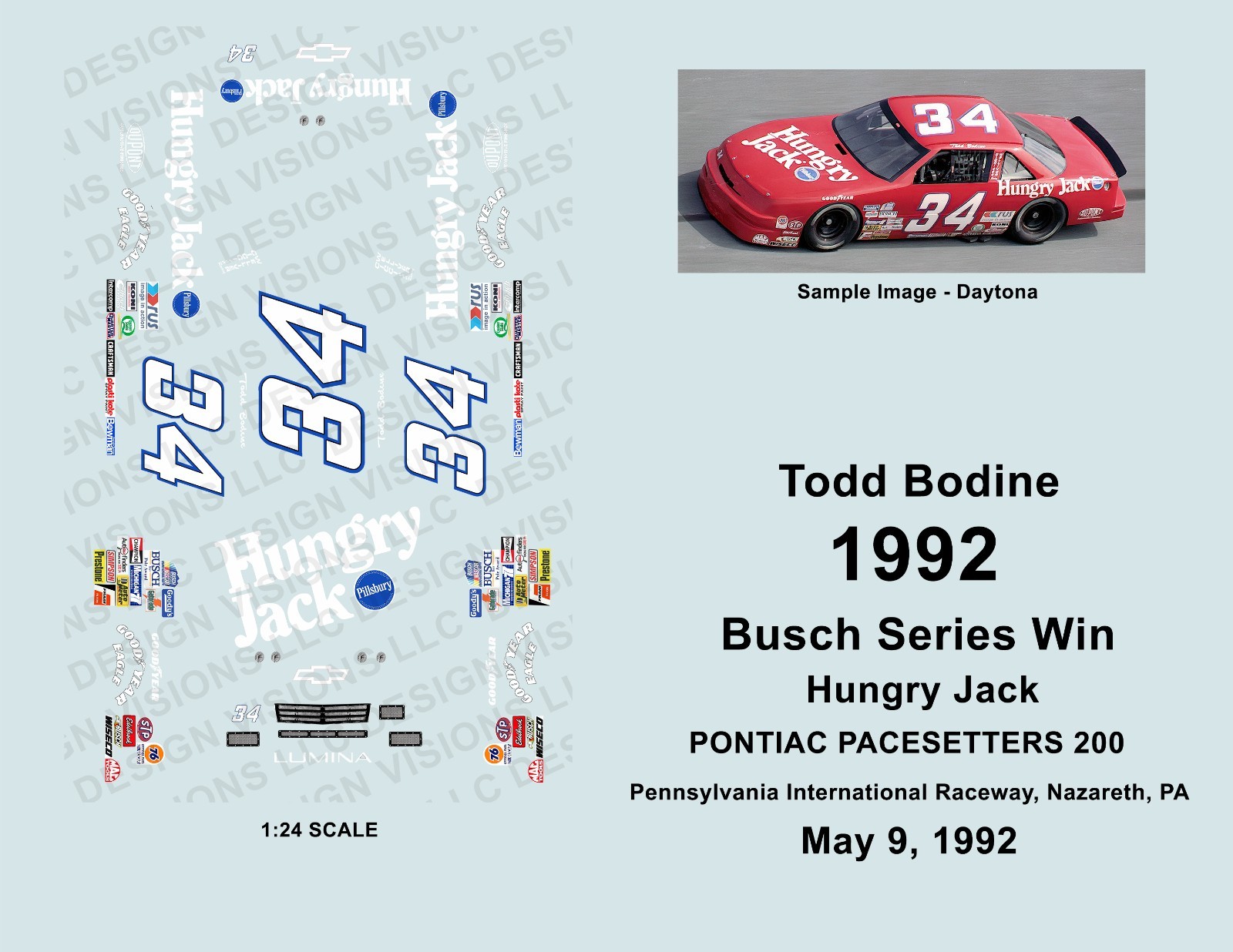 1992 - 1:24 Scale Waterslide Decals - #34 TODD BODINE - BUSCH SERIES WIN