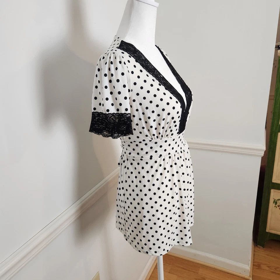 复古 90 年代 Y2K Forever 21 上装中号 Polkadot 蕾丝娃娃衬衫 Fairy Coquette — 第 3/4 张图片