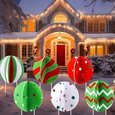 6 Pcs Christmas Balls Yard Signs Plastic 3D Lime Green Red Xmas Yard Sign