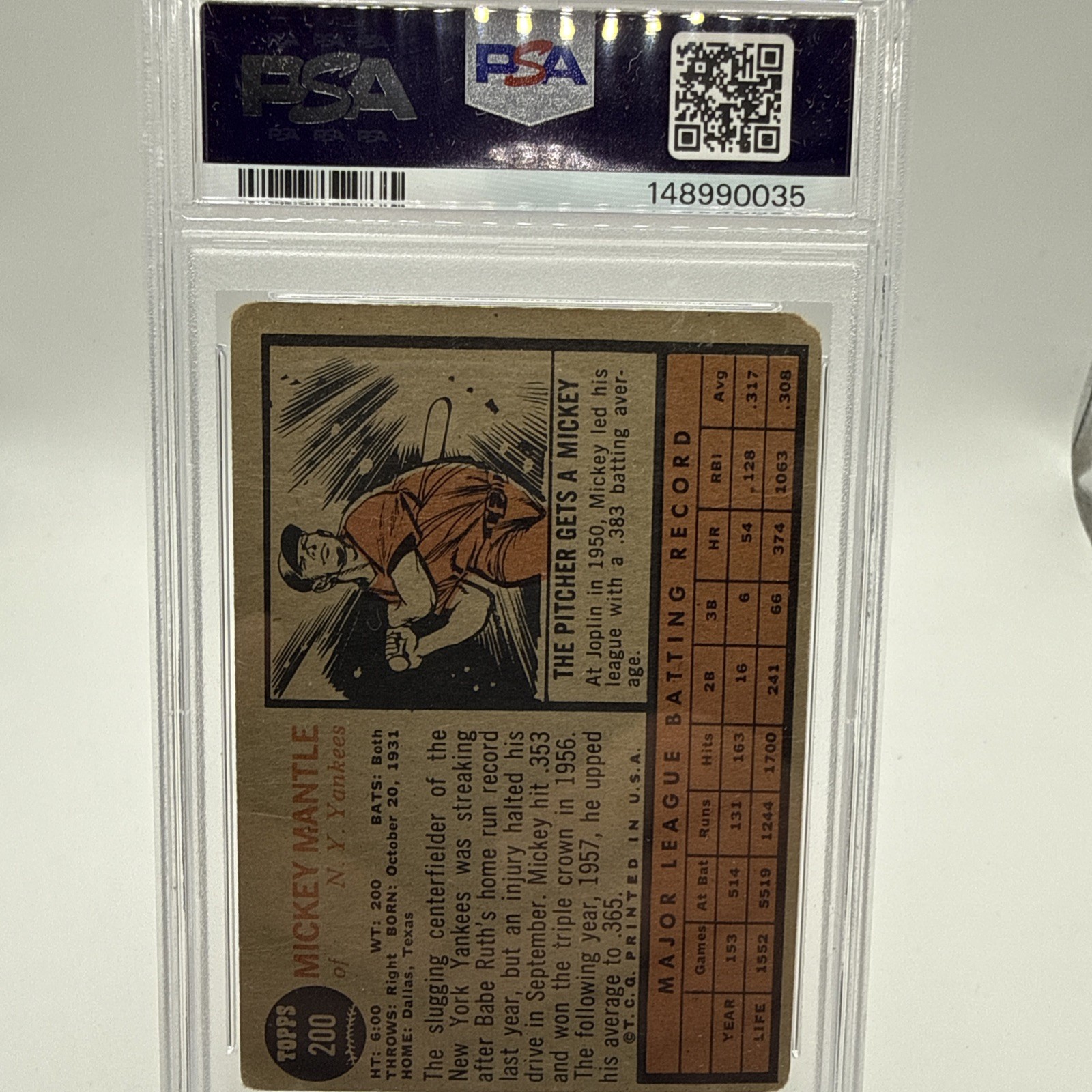 1962 Topps - Mickey Mantle #200 - PSA 1 view 4