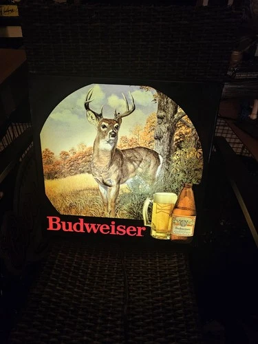 RARE vintage 1980's Budweiser beer lighted bar sign Buck Deer 18x18 80s pub lamp