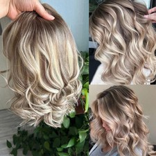 100 Human Hair Women's Medium Brown Mix Blond Wavy Curly Highlight Wigs 16 In
