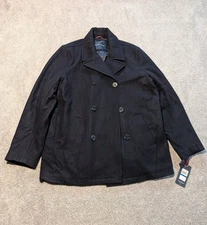 Tommy Hilfiger Jacket Mens XL Black Wool Blend Pea Coat Navy Anchor Button 