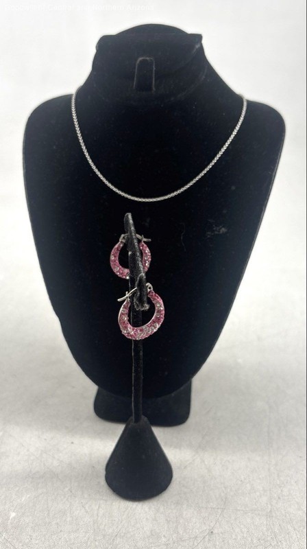 925 Sterling Silver Pink Glass w/ Hoop Earrings, Necklace 3.9g