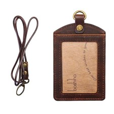 Badge Holder: Cowhide Leather ID Badge Card Holder with 19" Neck Lanyard, Verti