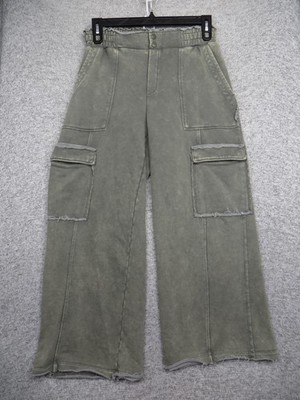 Flag & Anthem Cargo Pants Womens Sz Small Olive Wide Leg Raw Hem Elastic Waist