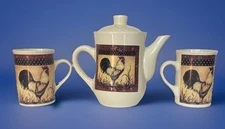 VTG Bay Island Rooster Teapot Kettle Lid & Matching Mugs Farmhouse Set of 3
