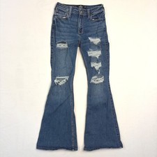 Hollister High Rise Flare Jeans Womens 2S W26S Distressed Rips Medium Wash Boho