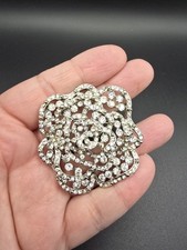 Large Ornate Sliver Tone Rose Crystal pin brooch Statement Piece
