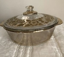 GEORGE BRIARD~FIRE KING casserole dish with lid~Gold floral design~SIGNED