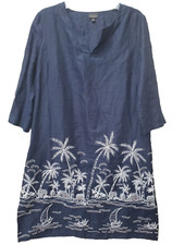 Talbots Blue Linen Embroidered Beaded Elbow Sleeve A-Line Dress Size MED Beachy
