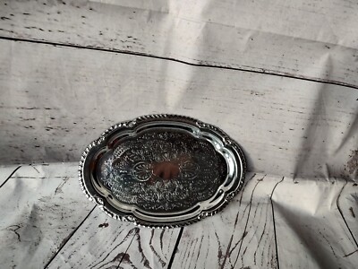SILVER STAINLESS METAL FORAL FANCY DRINK FOOD DECORATIVE OVAL SERVING TRAY 6 X 9
