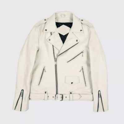 Men's off-white Jacket Biker Motorcycle Racer Cafe Real Lambskin Leather  coat