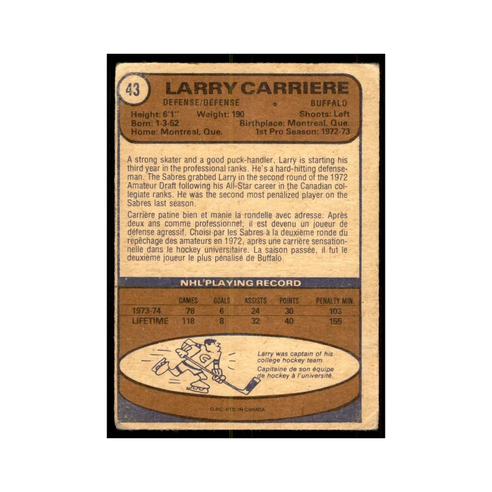 1974 O-Pee-Chee Larry Carriere (Damaged) Buffalo Sabres #43 - Image 2 of 3