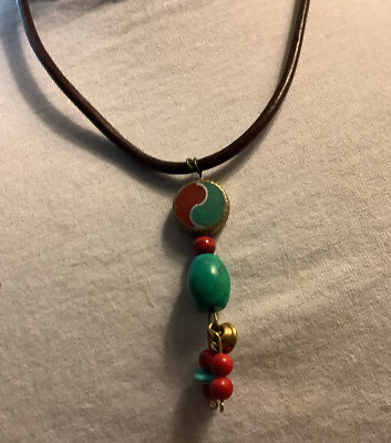 Yin Yang  Coral & Turquoise Center With A Leather Necklace Dezigns By Zetroc