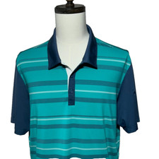 Adidas Golf Shirt Mens XL Blue Green Stripe Short Sleeve Collared Stretch Polo