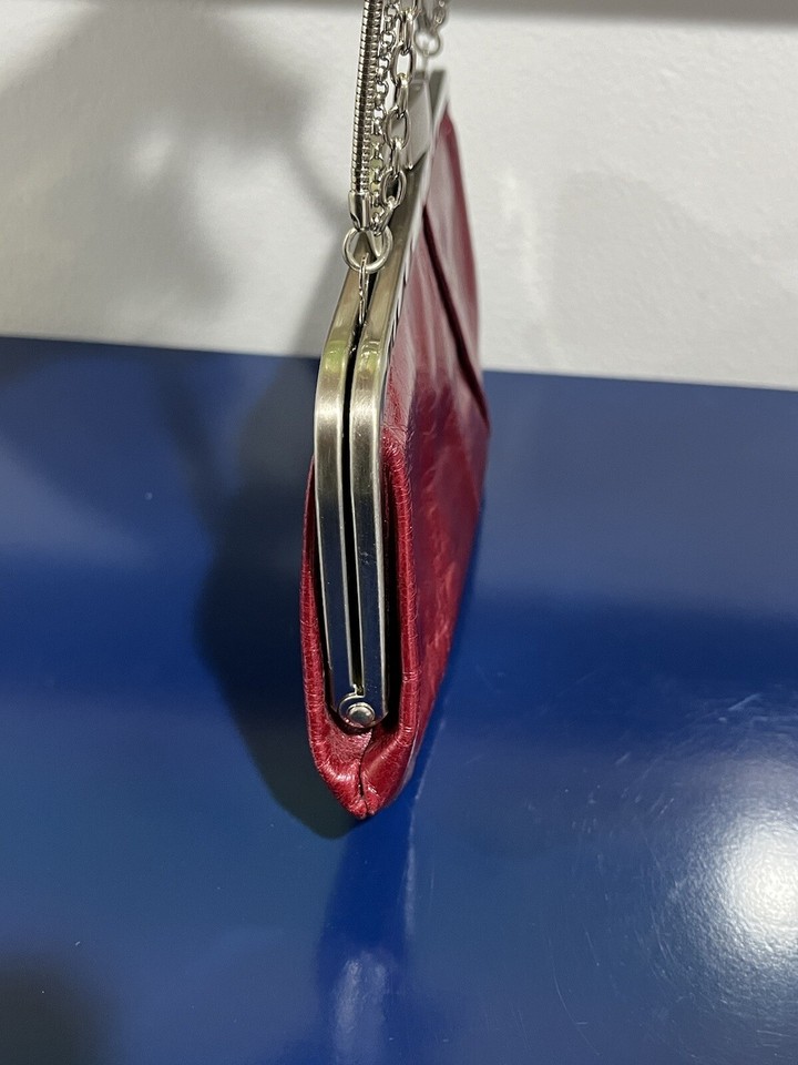 Hobo Burgundy Red Leather Wallet Clutch Purse Bag Handbag Silver Chain