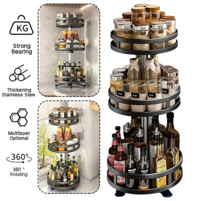 3 TIER 360° ROTATING SPICE RACK ORGANIZER METAL KITCHEN SEASONING JARS SHELF UK