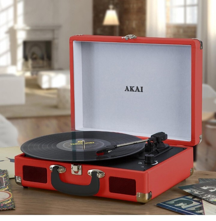 Akai Rechargeable Bluetooth Briefcase Turntable with Speaker Red Music