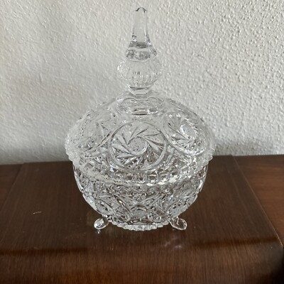 Libbey Hobstar Star Jewish David Footed Candy Dish With Lid Cut Crystal 9.25 