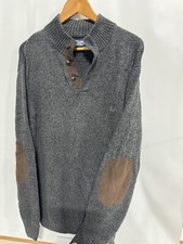 Chaps Mens Sweater L Gray Henley with Elbow Patches Long Sleeve Cotton Pullover