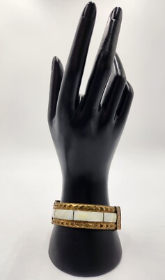 Vintage Brass and Mother of Pearl Inlay Bracelet, Trombone Slide Hinge Pin Lock 