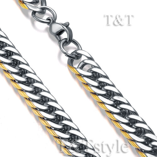 T&T 7mm Two-Tone Gold Stainless Steel Chain Necklace (C91)