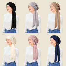 Pre-Tied Beanie Hat Wrap Head Cover Hijab Muslim Turban Women Long Tail Headwear