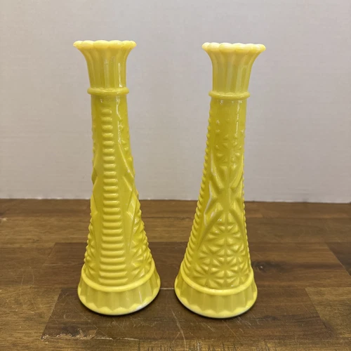 Rare Vintage Yellow Milk Glass Vases Anchor Hocking Set Of 2