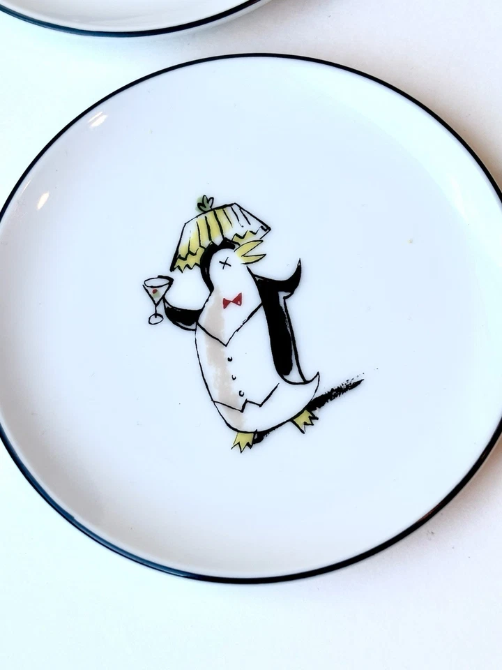 Juego de 4 Platos de Tapas Cerámica Granero Pingüino Borde Negro Aperitivo Postre Japón Foto 2 de 4