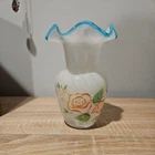 Vintage Fenton Tele flora Swirl Art Glass Vase Hand Painted Aqua Blue Crest READ