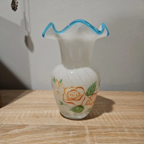 Vintage Fenton Tele flora Swirl Art Glass Vase Hand Painted Aqua Blue Crest READ