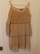 Beige Crochet-Trim Cold-Shoulder Women's Boho Dress, large