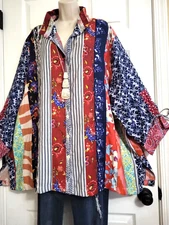 John Mark Artsy Boho Patchwork Wire Collar  Long Loose Top Plus 1X