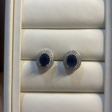 Royal Blue Oval Halo Stud Earrings Crystal Silver Tone Elegant Gift to Get Her