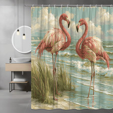 Flamingo Beach Shower Curtain Ocean Bird Art Print