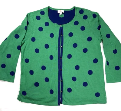 Quacker Factory Green Blue Polka Dot Cardigan Layered Sweater 1X Office Grandma - Image 1 of 4