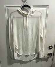 Women's White Solid Pullover Hoodie L Regular Knit Polyester Drawstring Raglan