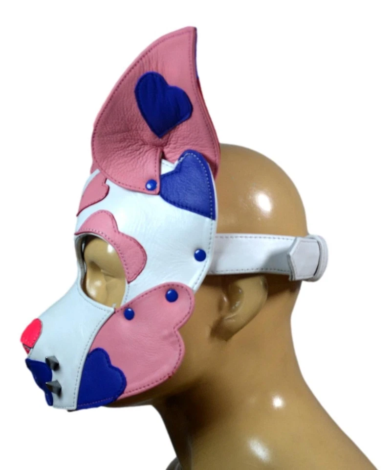 Máscara con capucha de cachorro de cuero rosa azul blanco hecha a mano | Capucha de juego de cachorro humano para cachorro Foto 4 de 4