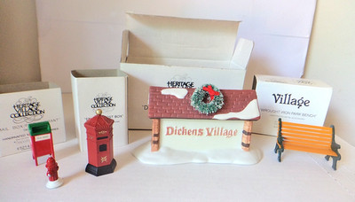 Dept 56 Lot #5230-2 Bench, #5805-0 English Post Box,  #5214-0 Mail Box, 6569-2