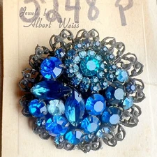 Vintage Blue Teal Rhinestone Filigree Brooch Albert Weiss Original Card