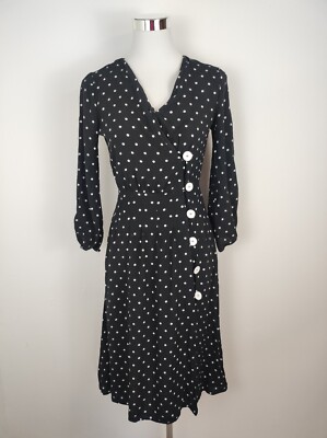 Mango Suite Kleid Polka Dot Punkten Gr. XS Festlich Langarm Knöpfe Ausschnitt
