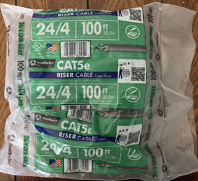 NEW! Cat 5e 100ft Riser Cable 30.5m 24/4 Gauge wire Gray Southwire Ships Fast